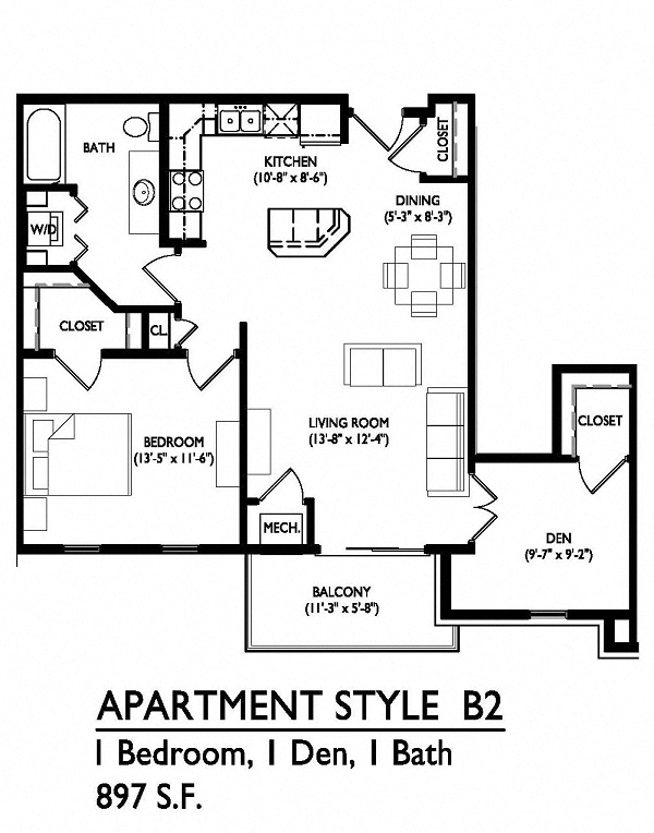 Floor plan for 1 bed, 1 bath, 897 sqft